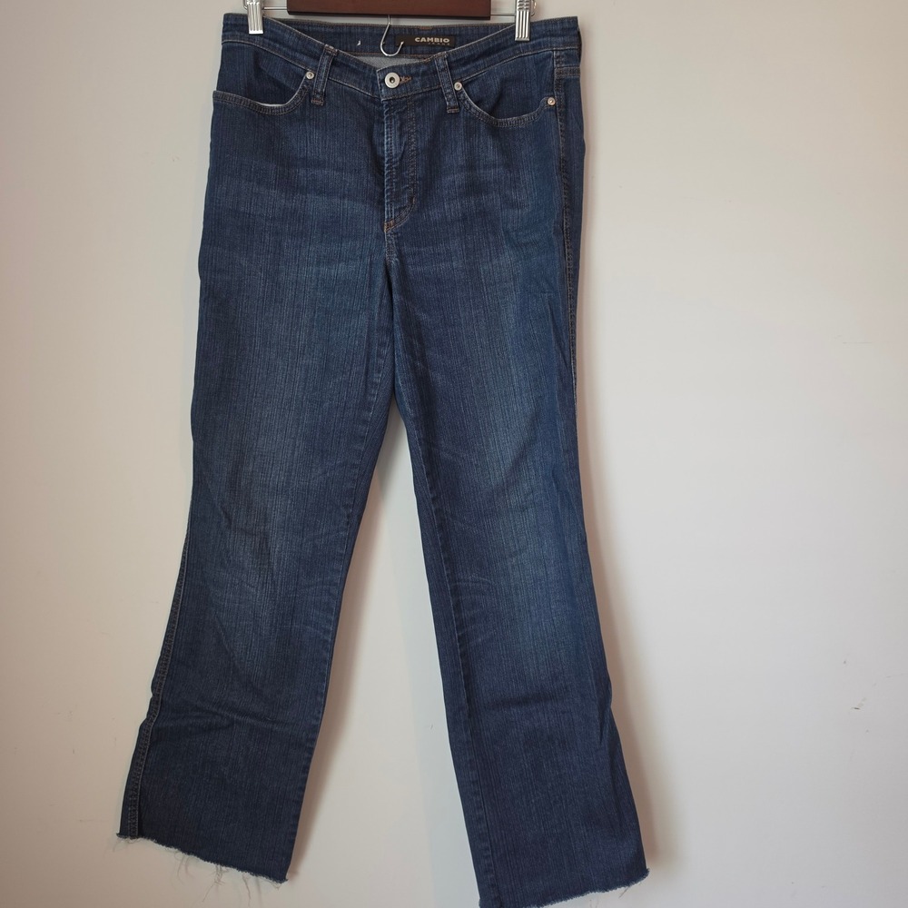 Cambio Jade Straight Leg Jeans Dark Wash Raw Hem Stretch Denim Blue Womens 12